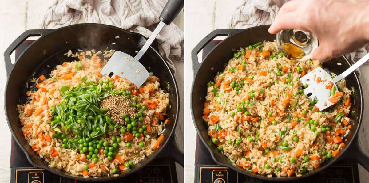Collage Showing Last Two Steps for Making Vegan Fried Rice: Add Peas, Scallions and Sesame Seeds, then Add Sesame Oil
