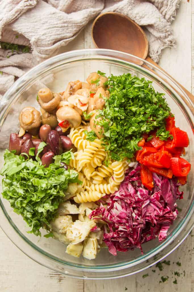 Ingredients for Making Vegan Pasta Salad Arranged in a Bowl