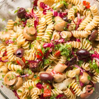 Close Up of Vegan Pasta Salad in a Glass Bowl