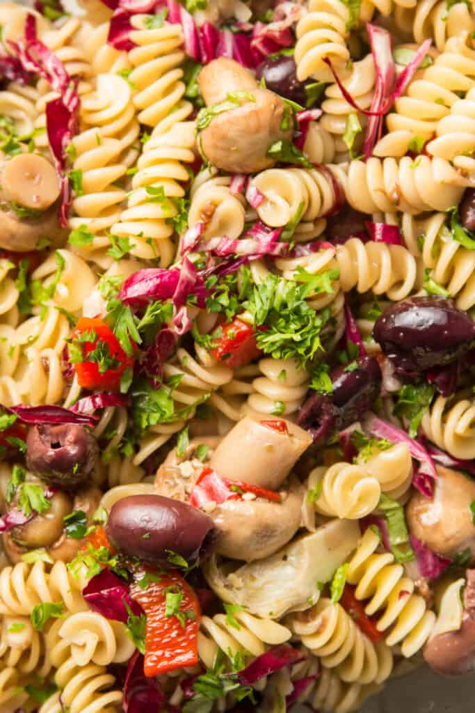 Close Up of Vegan Pasta Salad with Olives, Red Peppers, Herbs, and Mushrooms