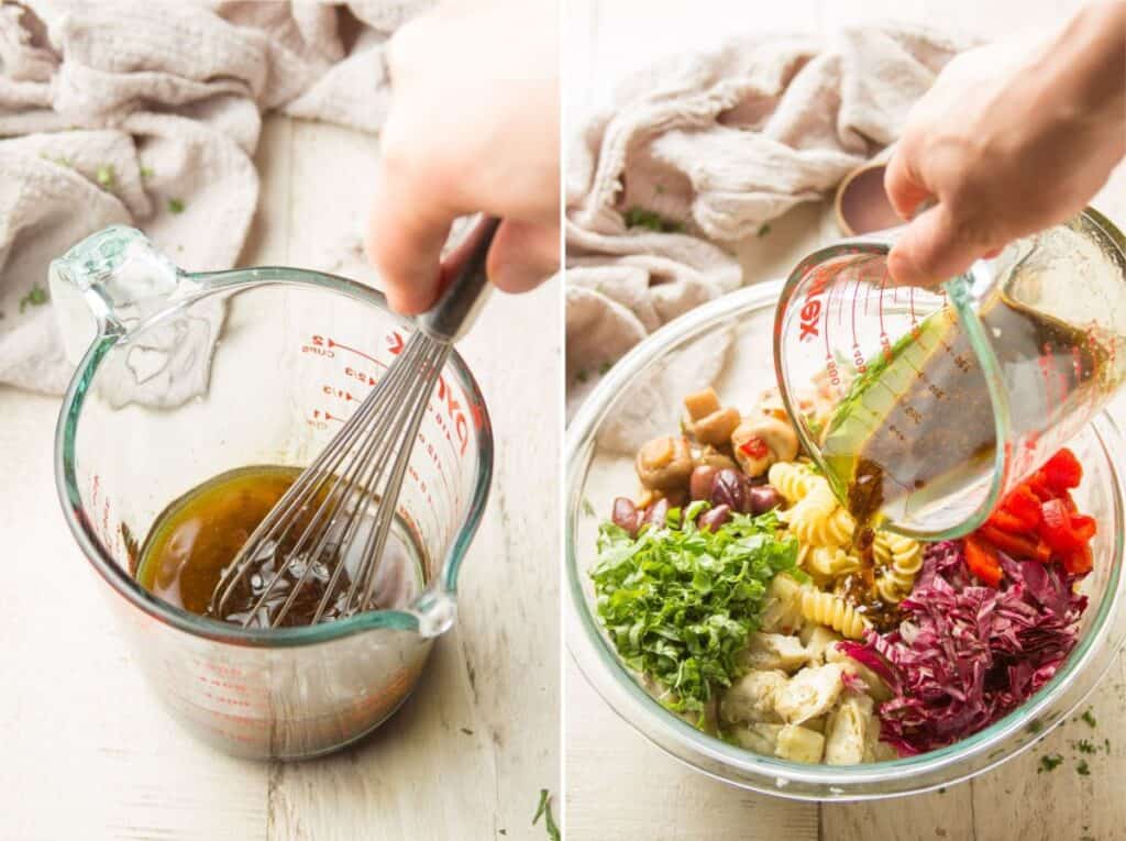 Collage Showing Steps for Making Vegan Pasta Salad: Mix Dressing and Pour Over Salad