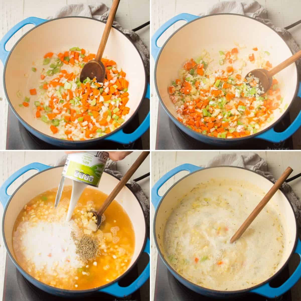 Collage con los pasos para hacer una sopa de maíz vegana: saltee las verduras, agregue la harina, agregue las especias y el líquido y cocine a fuego lento