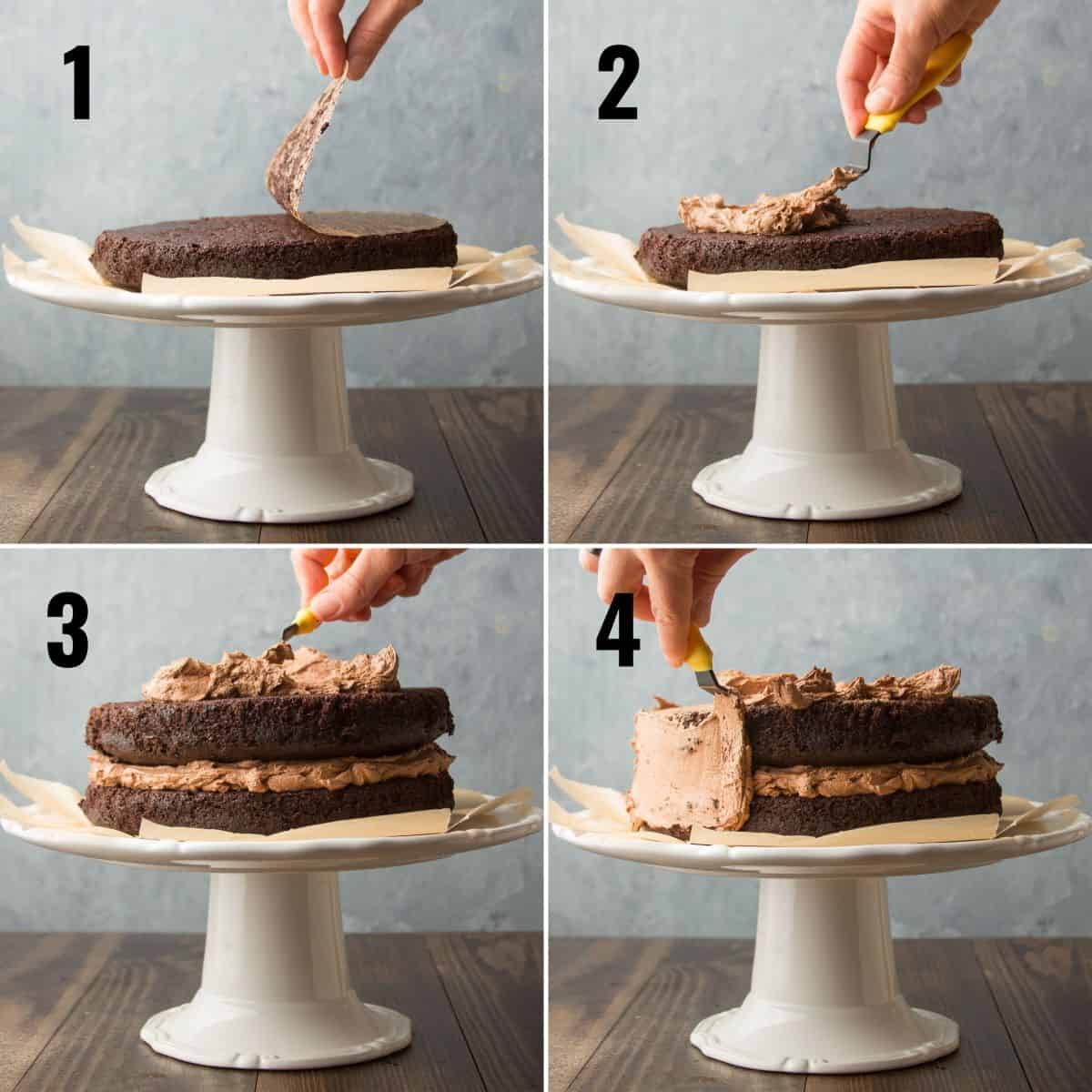 Collage Showing Steps for Frosting a Vegan Chocolate Cake: Invert First Layer on Dish, Top with Frosting, Top with Second Layer and Additional Frosting, and Frost Sides