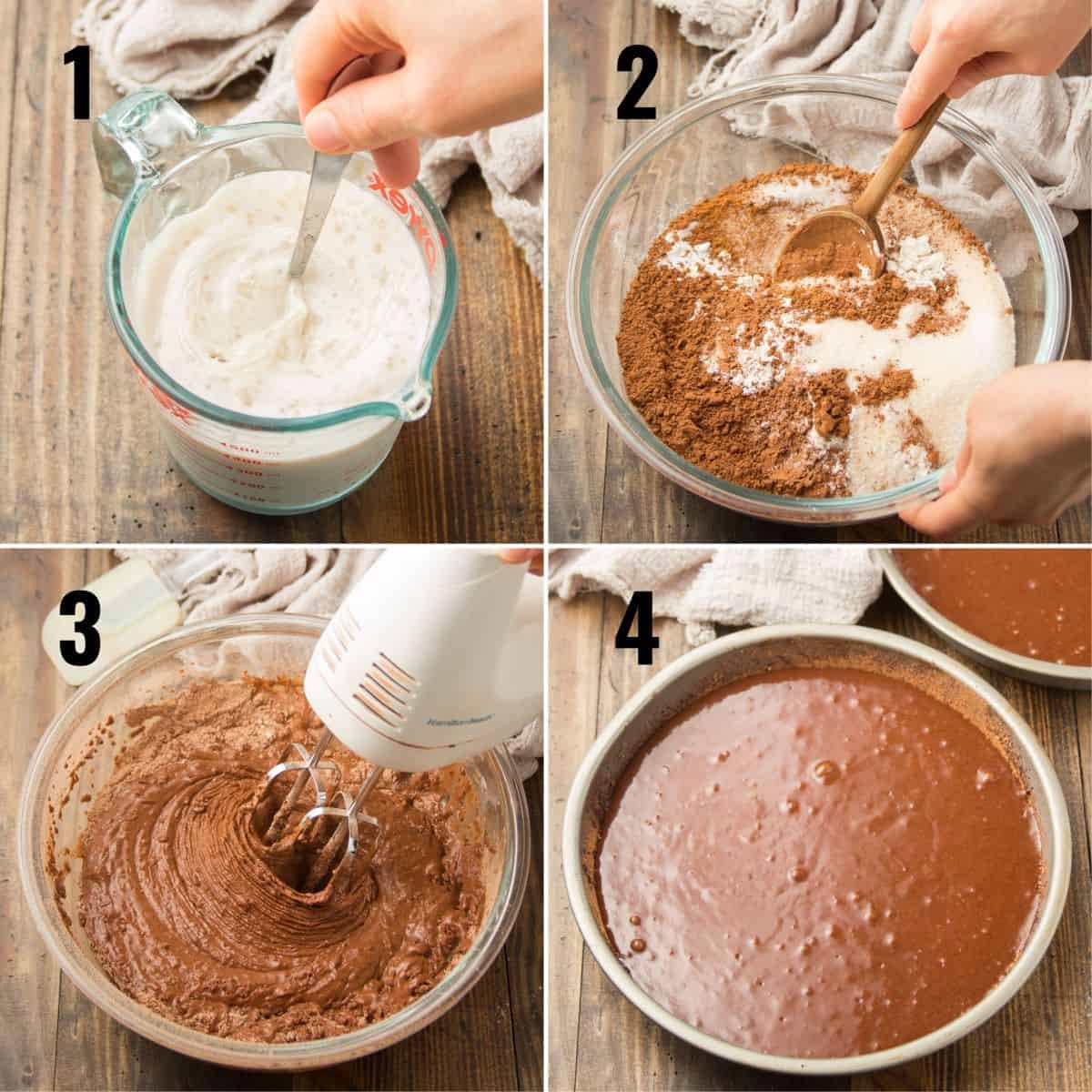 Collage Showing Steps for Making Vegan Chocolate Cake: Mix Liquid Ingredients, Mix Dry Ingredients, Beat with Mixer and Place Batter in Cake Pans
