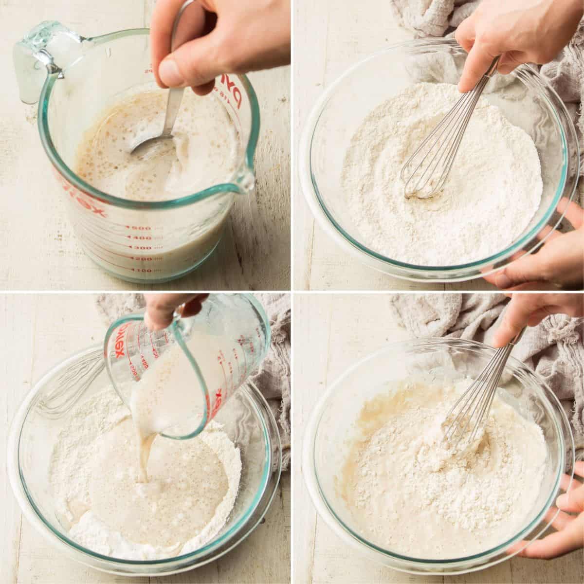 Collage Showing 4 Stages of Mixing Vegan Pancake Batter