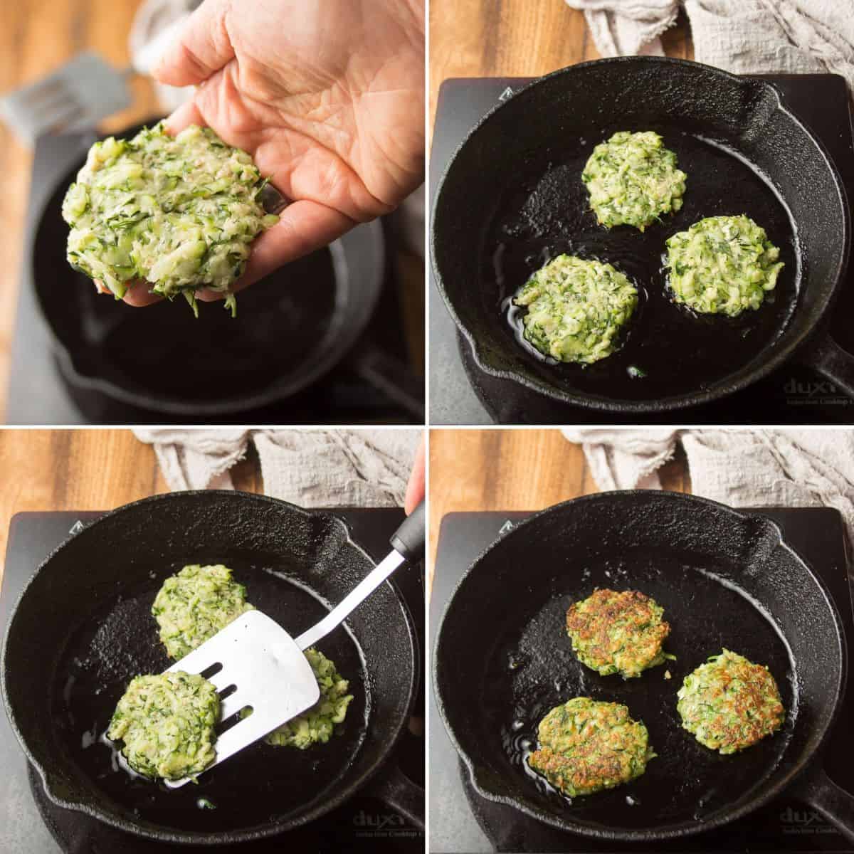 Collage Showing 4 Stages of Cooking Vegan Zucchini Fritters in a Skillet