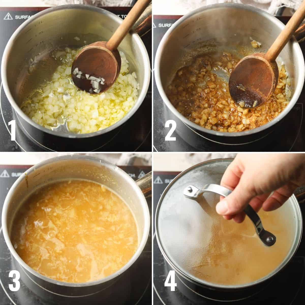 Collage de 4 pasos sobre cómo hacer arroz con cúrcuma