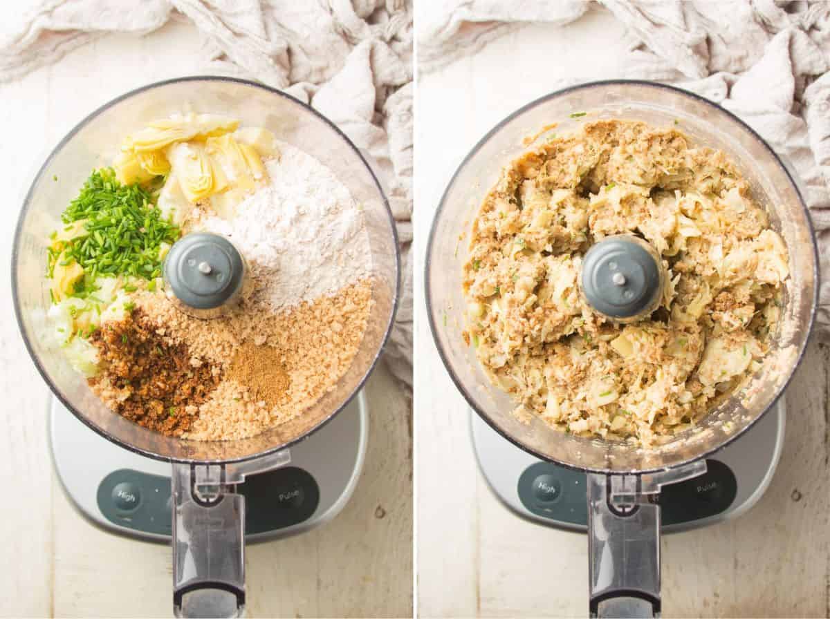 Ingredientes para hacer pasteles de cangrejo veganos en un bol de un procesador de alimentos, antes y después de mezclar