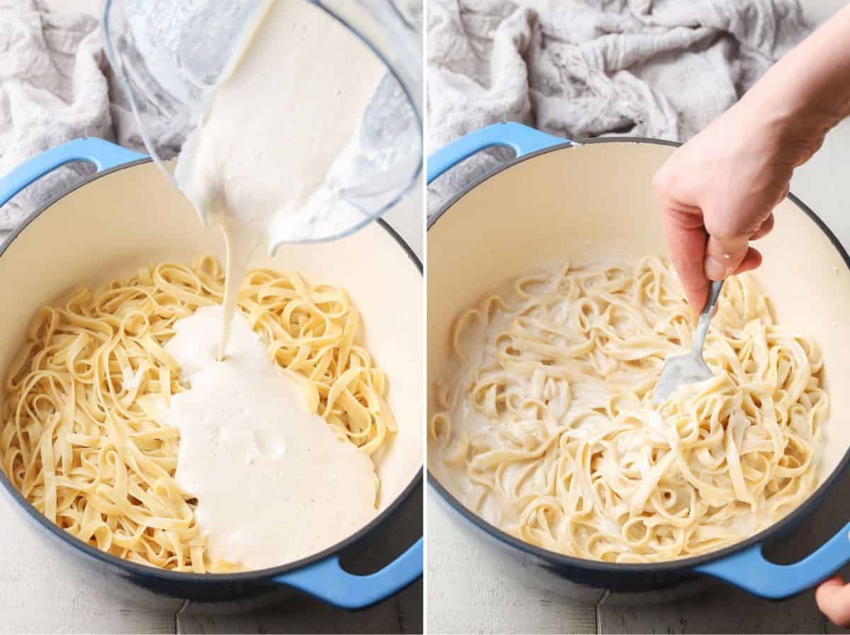 Collage Showing Vegan Alfredo Sauce Pouring Over Pasta and Hand Stirring Sauce Into Pasta