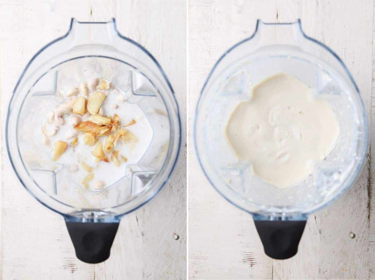Collage con ingredientes para la salsa Alfredo vegana en una licuadora antes y después de mezclar