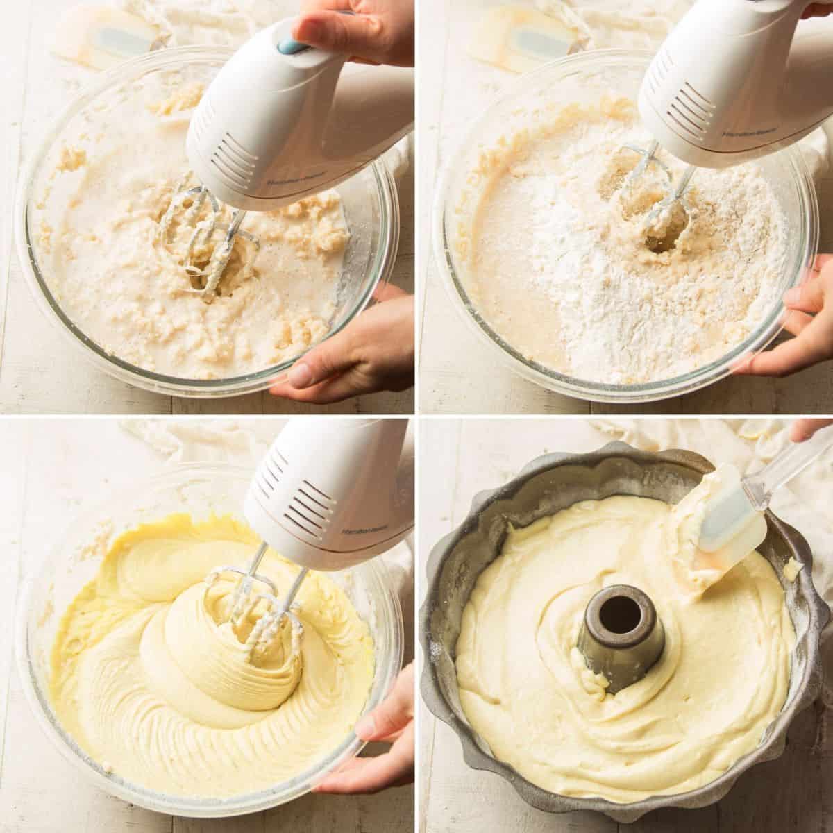 Collage Showing Steps 5-8 for Making Vegan Lemon Cake: Beat Liquid Ingredients Into Batter, Beat with Mixer, Beat in Food Color, and Transfer Batter to Bundt Pan