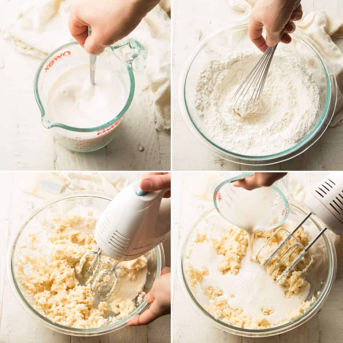 Collage con los primeros 4 pasos para hacer un pastel de limón vegano: mezcla los ingredientes líquidos, mezcla los ingredientes secos, bate la mantequilla y el azúcar y agrega los ingredientes líquidos