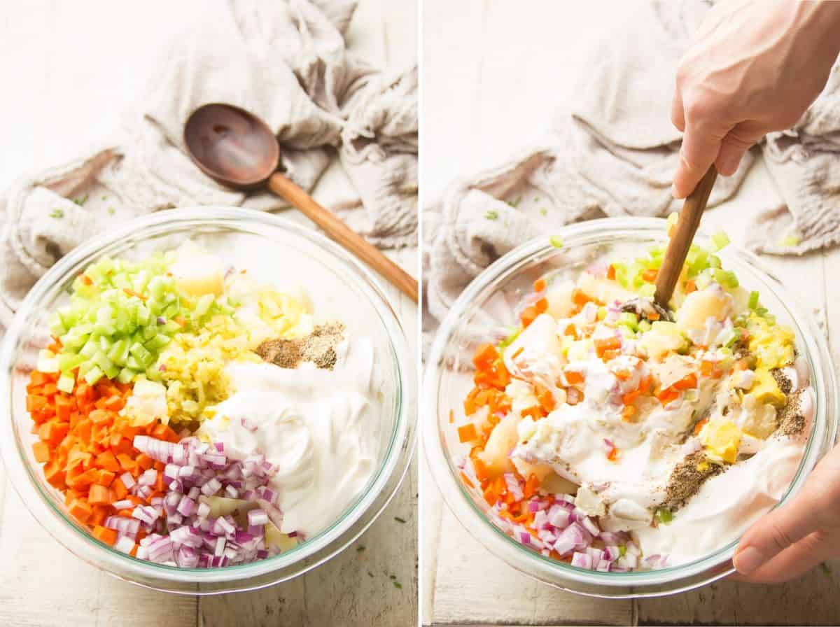 Imágenes una al lado de la otra que muestran dos etapas de mezcla de ingredientes para una ensalada de papas vegana en un tazón