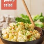 Bowl of Vegan Potato Salad with Text Overlay Reading "Vegan Potato Salad"