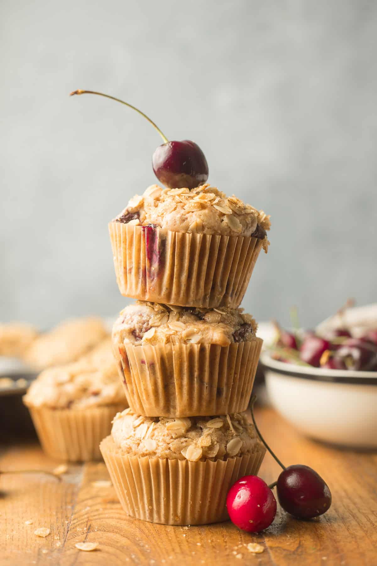 Stack of 3 Vegan Cherry Muffins with a Cherry on Top