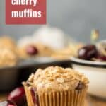 Vegan Cherry Muffin with Text Overlay Reading "Vegan Cherry Muffins"