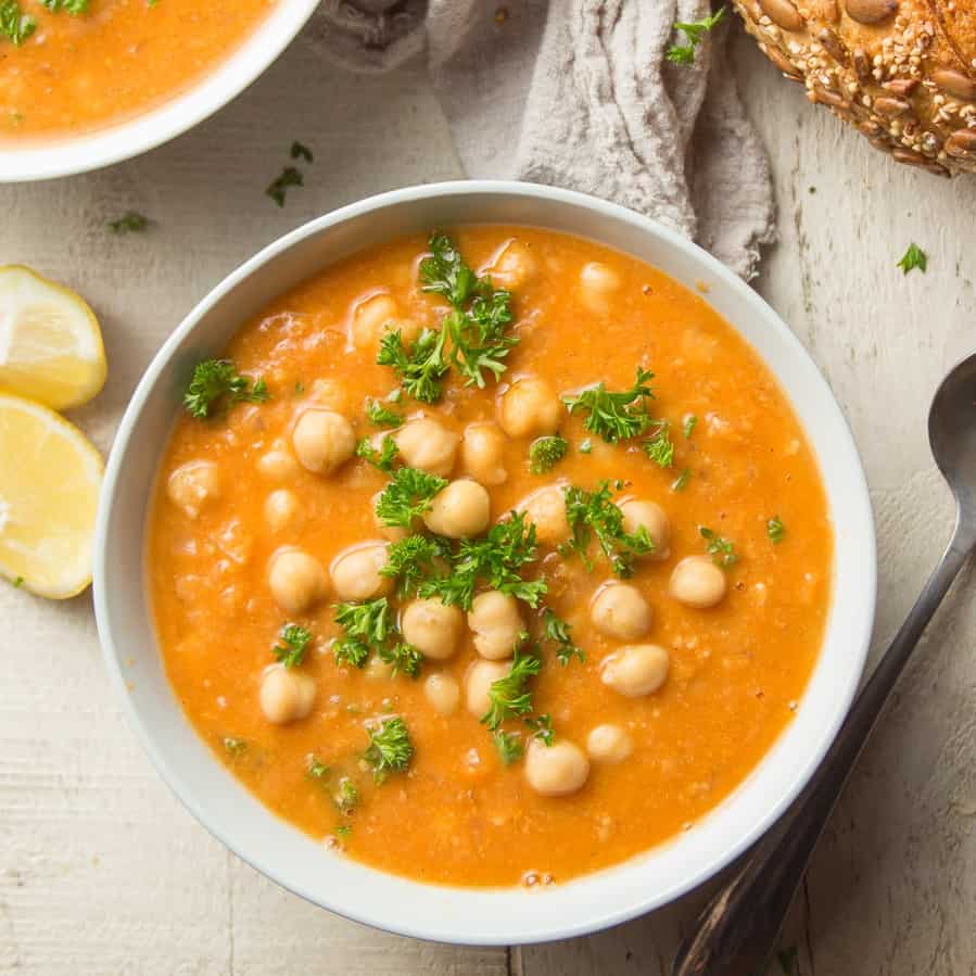 Bowl of Chickpea Soup with Parsley on Top