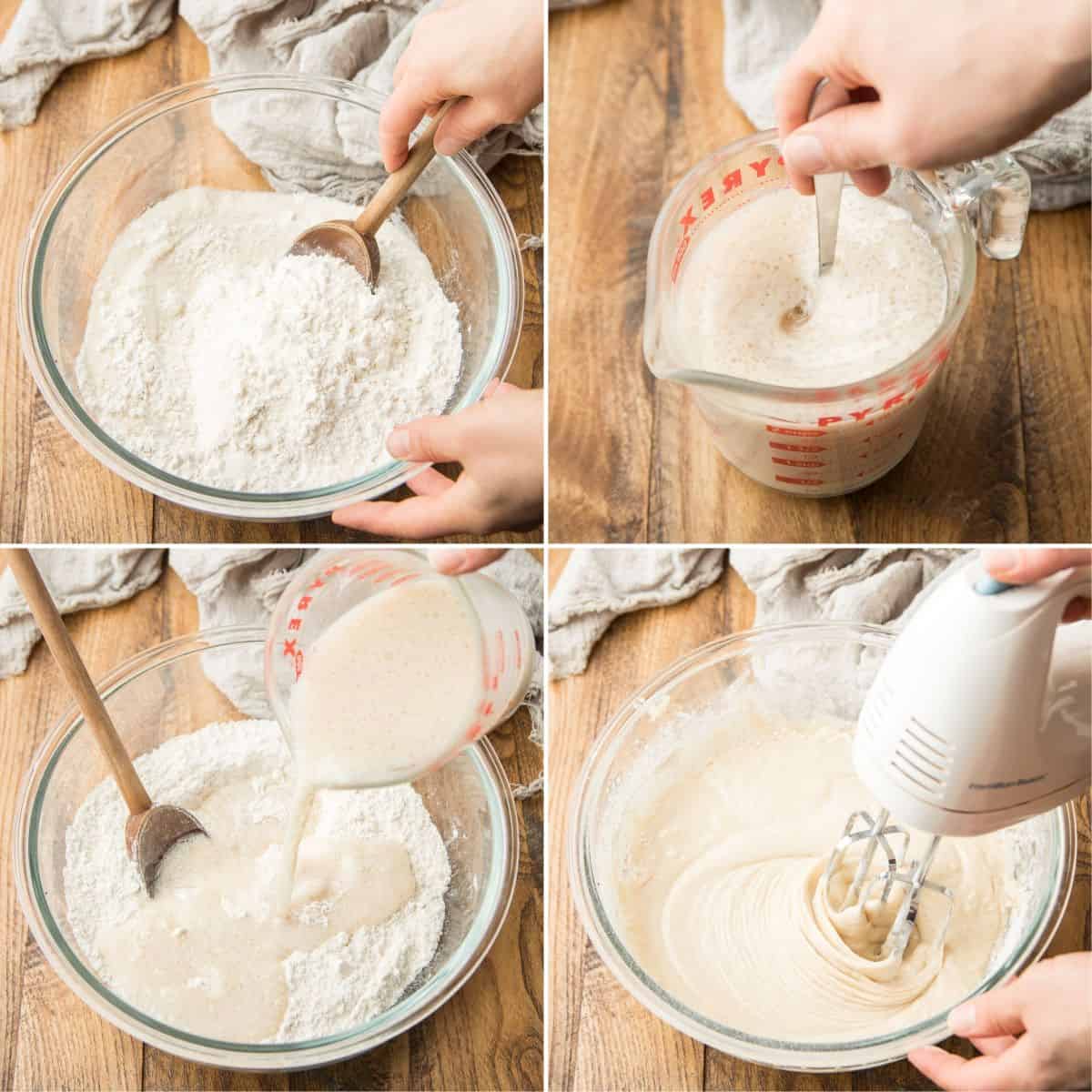 Collage Showing First 4 Steps for Making Vegan Coconut Cake: Mix Dry Ingredients, Mix Liquid Ingredients, Pour Liquid Ingredients into Dry, and Beat with a Mixer