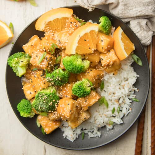 Plate of Crispy Orange Tofu with Broccoli and Rice