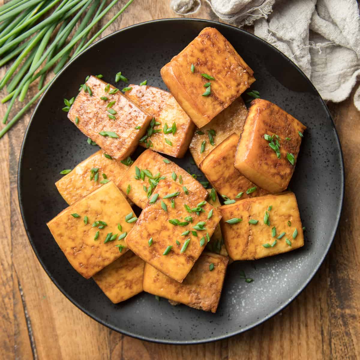 Plate of Smoked Tofu Topped with Chives