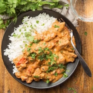 Vegan Butter Chicken on a plate with Rice