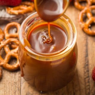 Close Up of Spoon Drizzling Vegan Caramel Sauce
