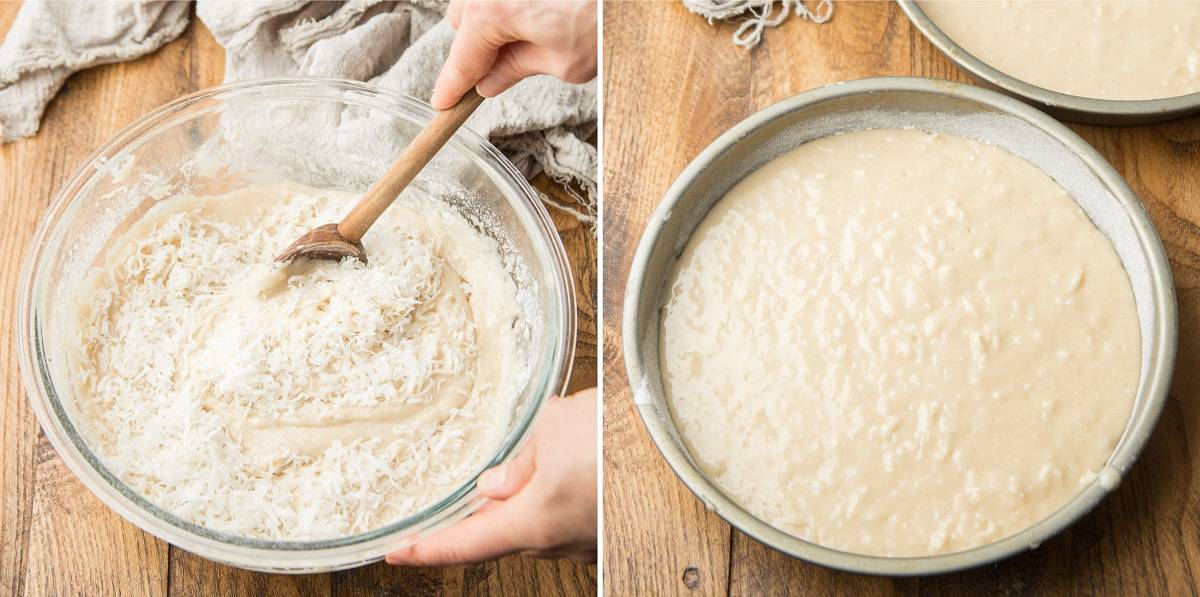 Collage Showing Last Two Steps for Making Vegan Coconut Cake: Stir in Coconut and Pour Batter into Pans
