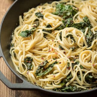 Close Up of Creamy Kale Pasta in a Skillet