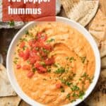 Bowl of Roasted Red Pepper Hummus with Text Overlay Reading "Roasted Red Pepper Hummus"