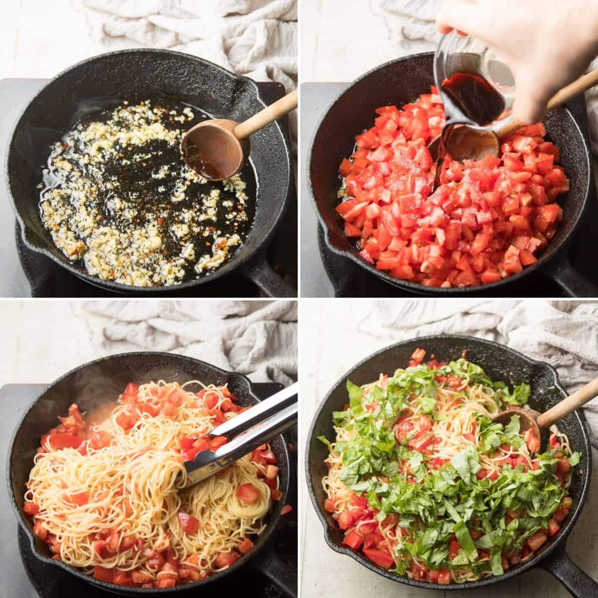 Collage Showing 4 Steps for Making Tomato Basil Pasta