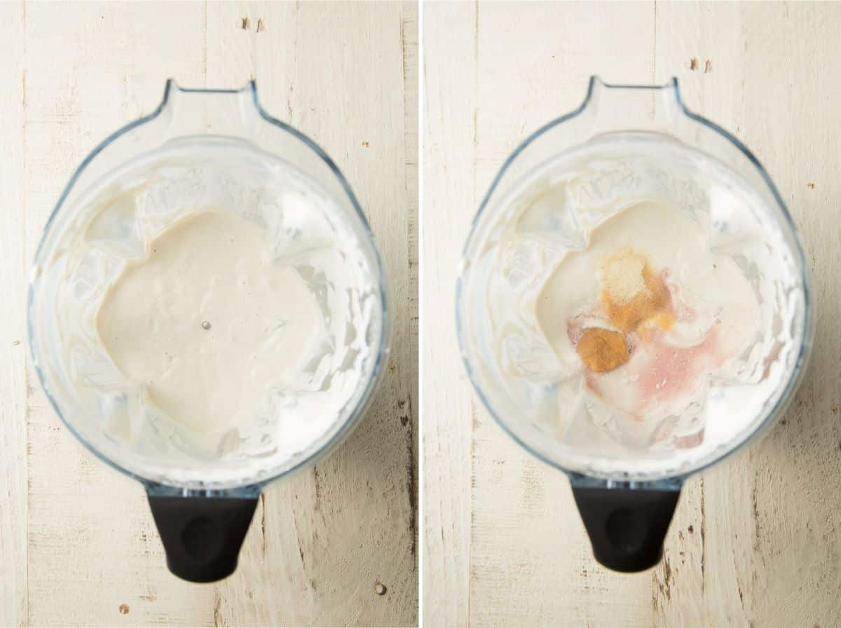 Two Images Showing First two Stages of Blending Vegan Blue Cheese Dressing