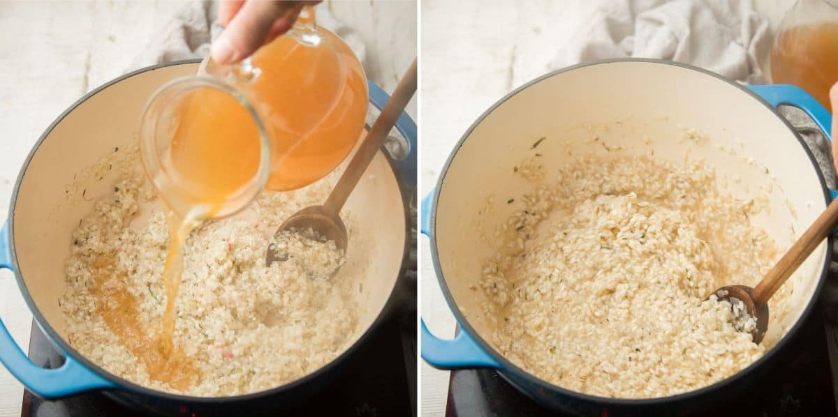 Steps for cooking rice for making vegan risotto: Add broth in increments and simmer.