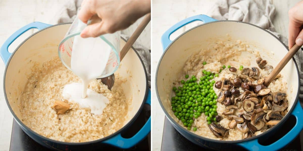 Last two steps for making vegan mushroom risotto: add coconut milk, and add mushrooms and peas.