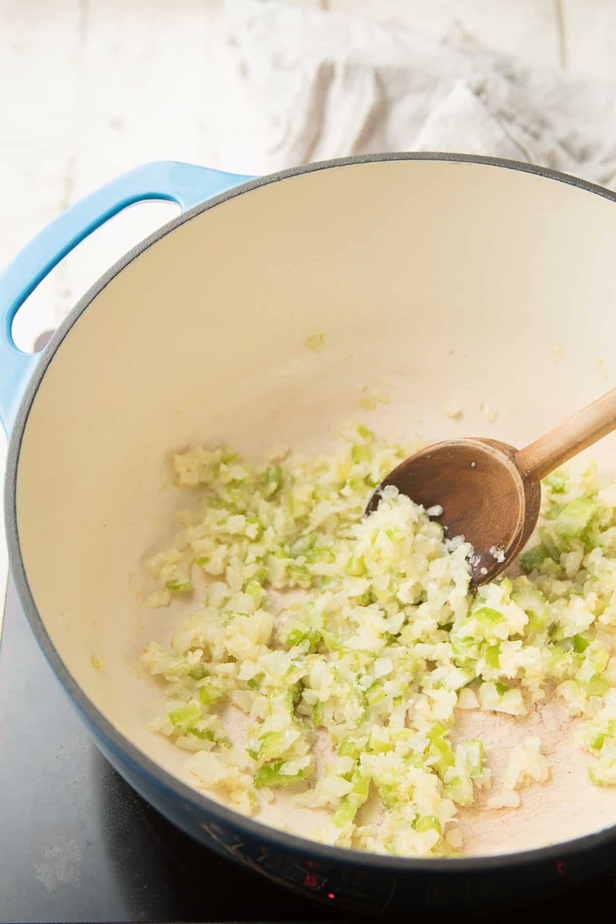 Onions, Celery, Garlic and Flour Cooking in a pot.