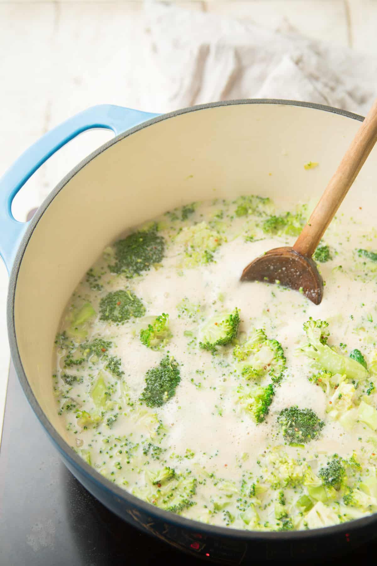 Vegan Cream of Broccoli Soup Simmering on a Burner