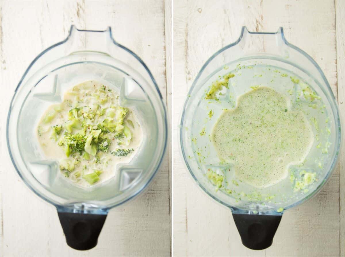 Two Images Showing Vegan Cream of Broccoli Soup in a Blender Before and After Blending