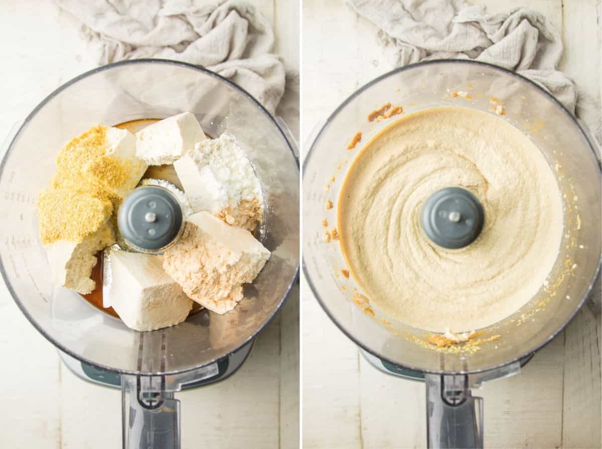 Vegan Frittata base ingredients in a food processor bowl, shown before and after blending.