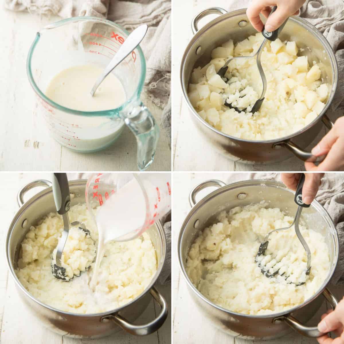 Collage Showing 4 Steps for Making Vegan Mashed Potatoes