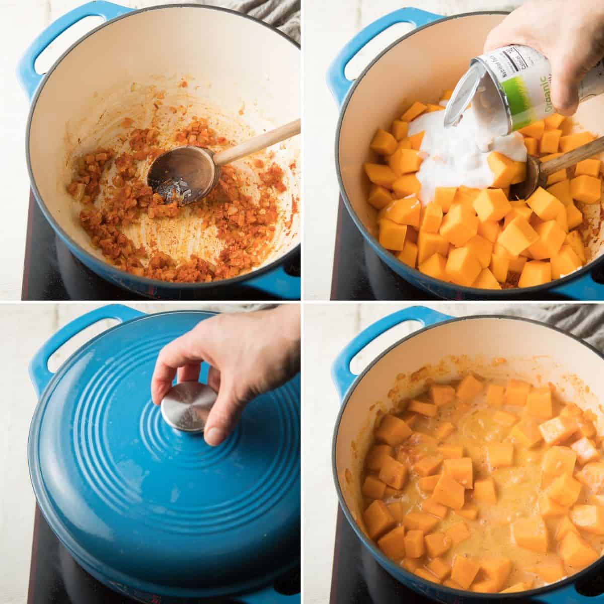 Collage showing 4 steps for cooking Pumpkin Curry.