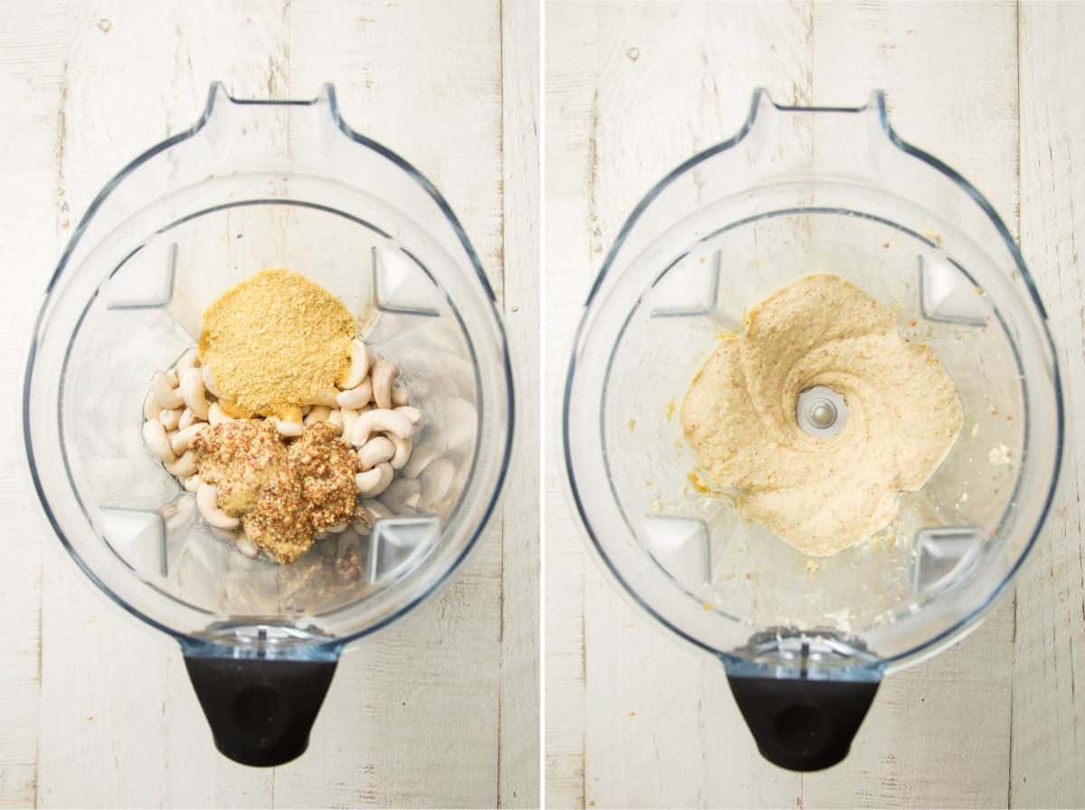 Vegan Cheese Ball ingredients in a blender before and after blending.