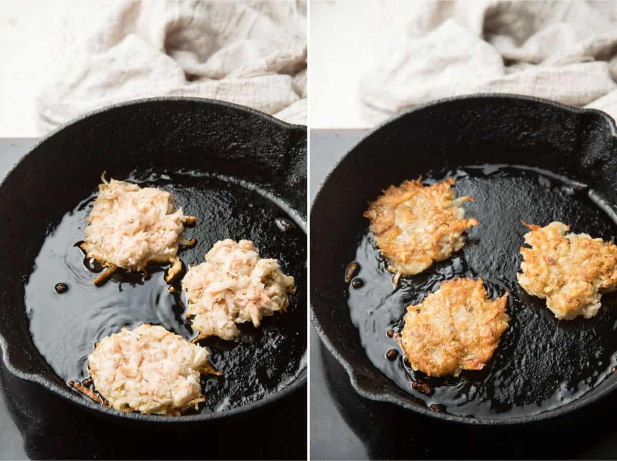 Two images showing different stages of Vegan Potato Latkes frying in a skillet.