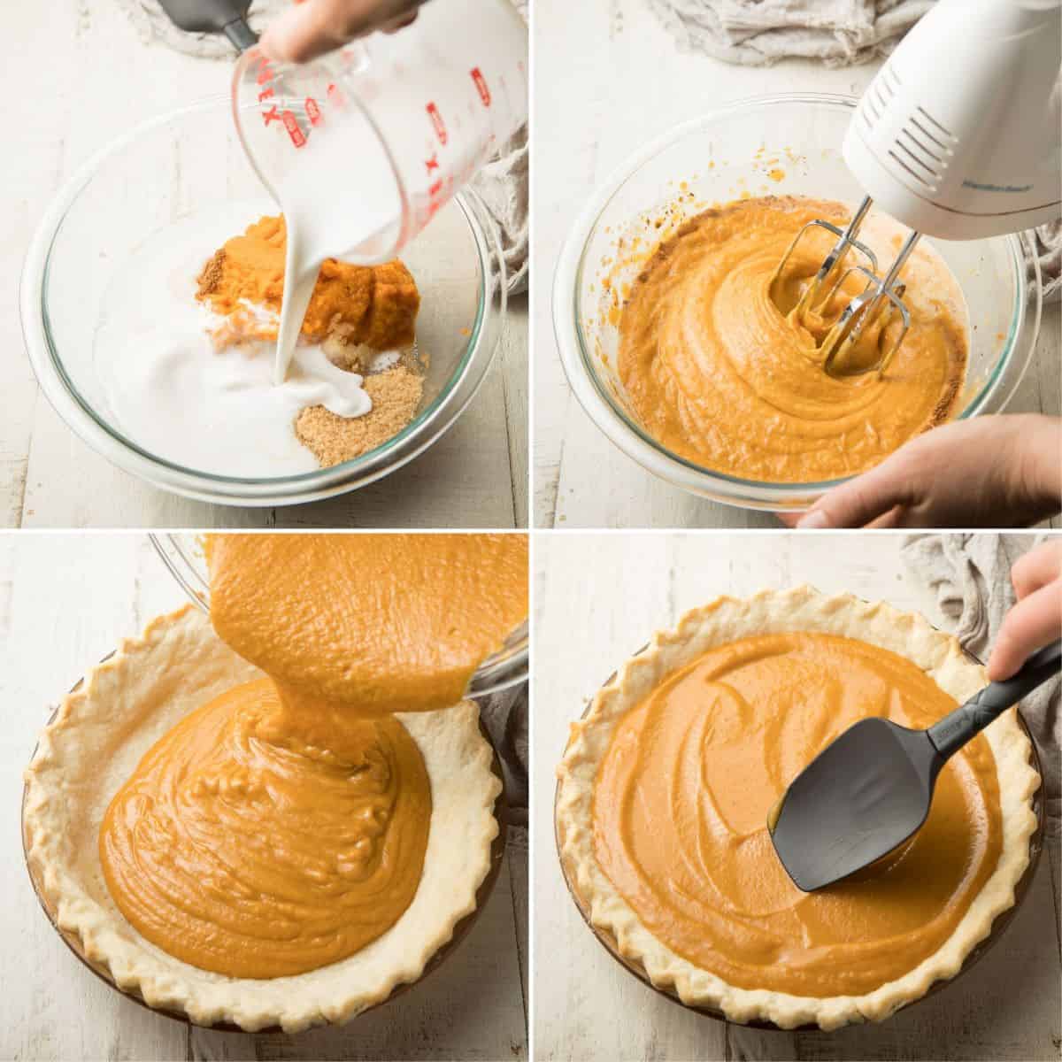 Collage showing 4 steps for making Vegan Pumpkin Pie.