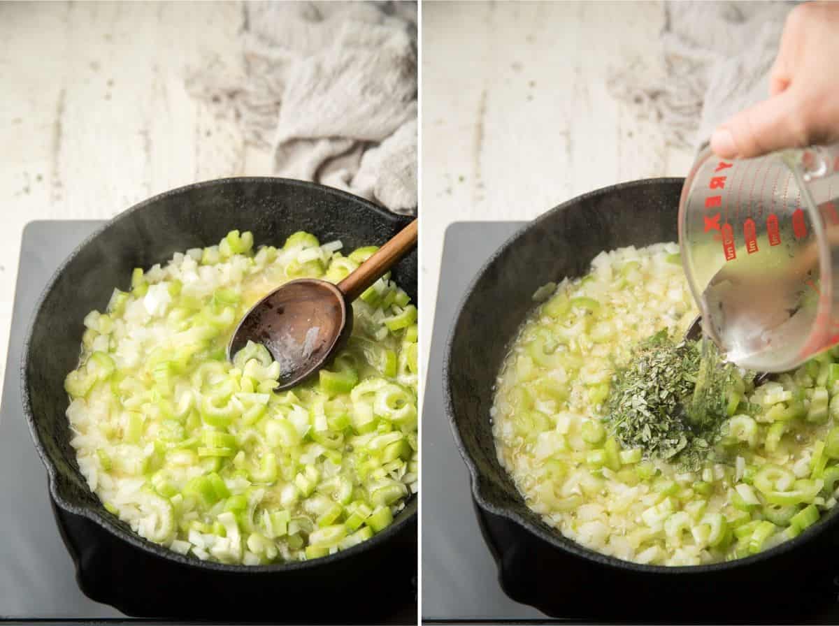 Collage de dos niveles de ingredientes de relleno veganos cocidos en una sartén.