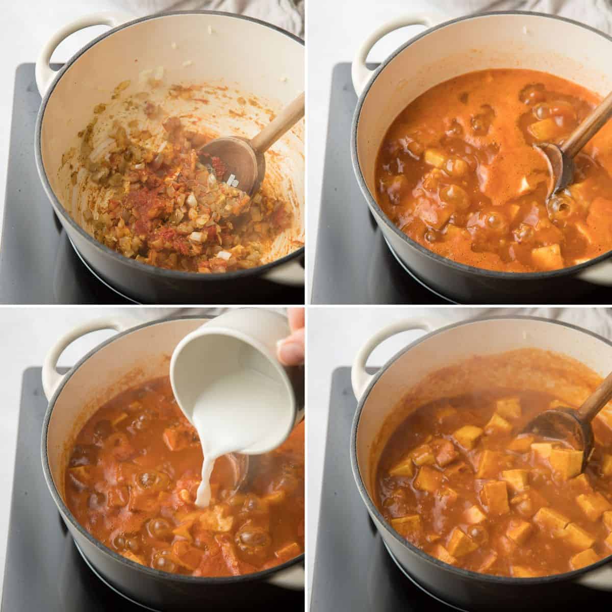 Collage Showing 4 Stages of Tofu Curry Cooking on a Stove.