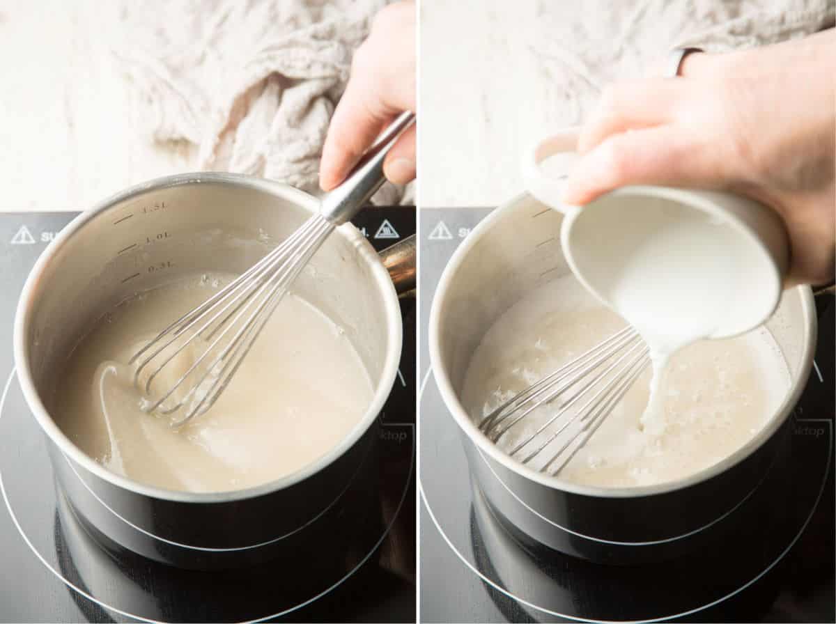 Two images showing different stages of heating Vegan Coconut Macaroon ingredients in a saucepan.