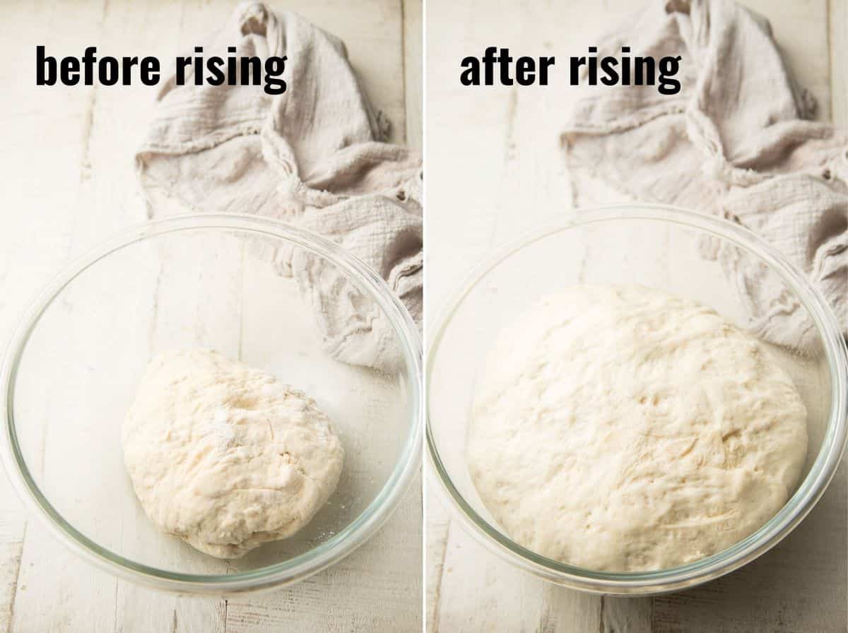 Side By side images of dough in a bowl, shown before and after rising.