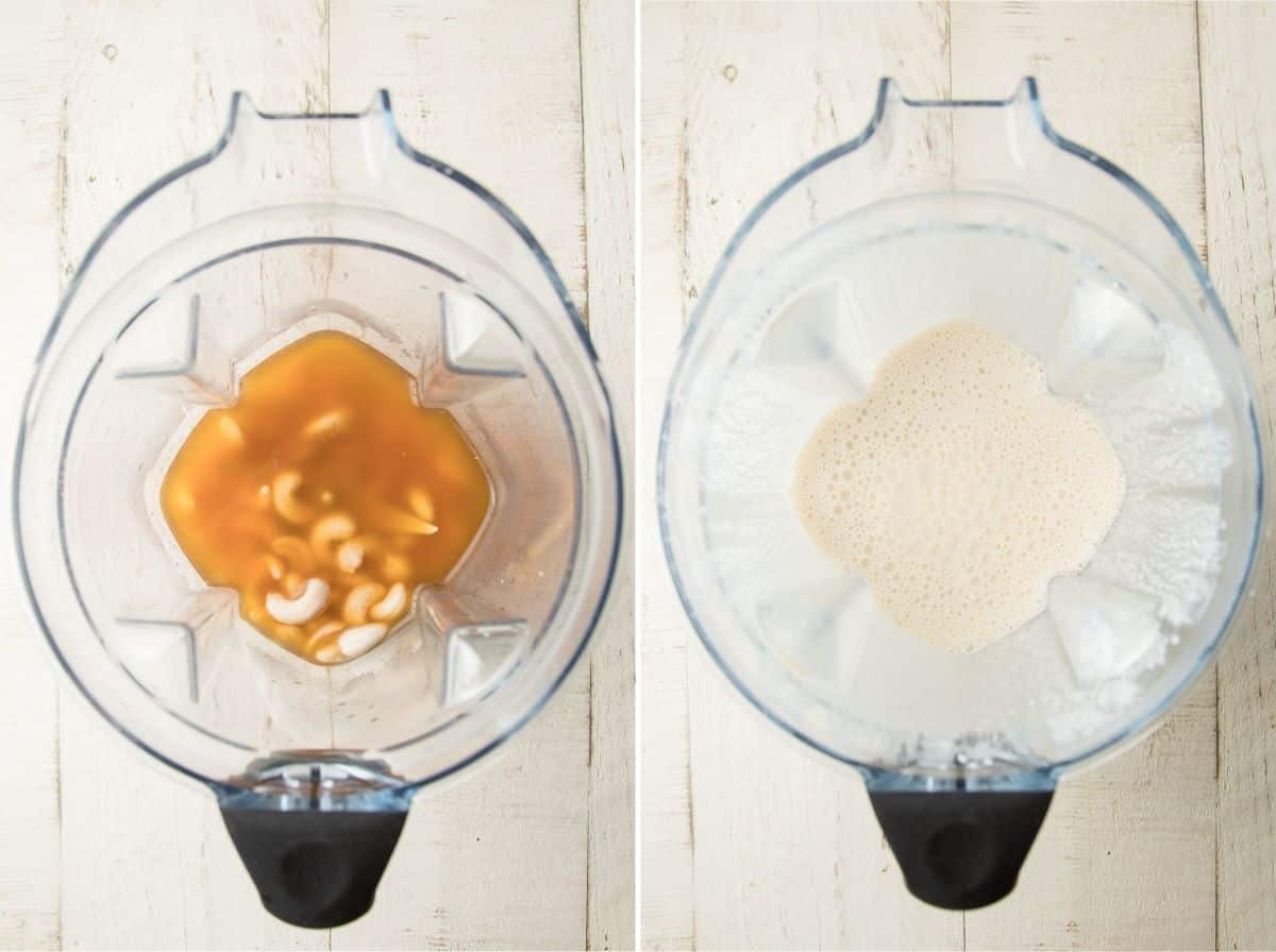 Cashew and vegetable broth in a blender shown before and after blending.