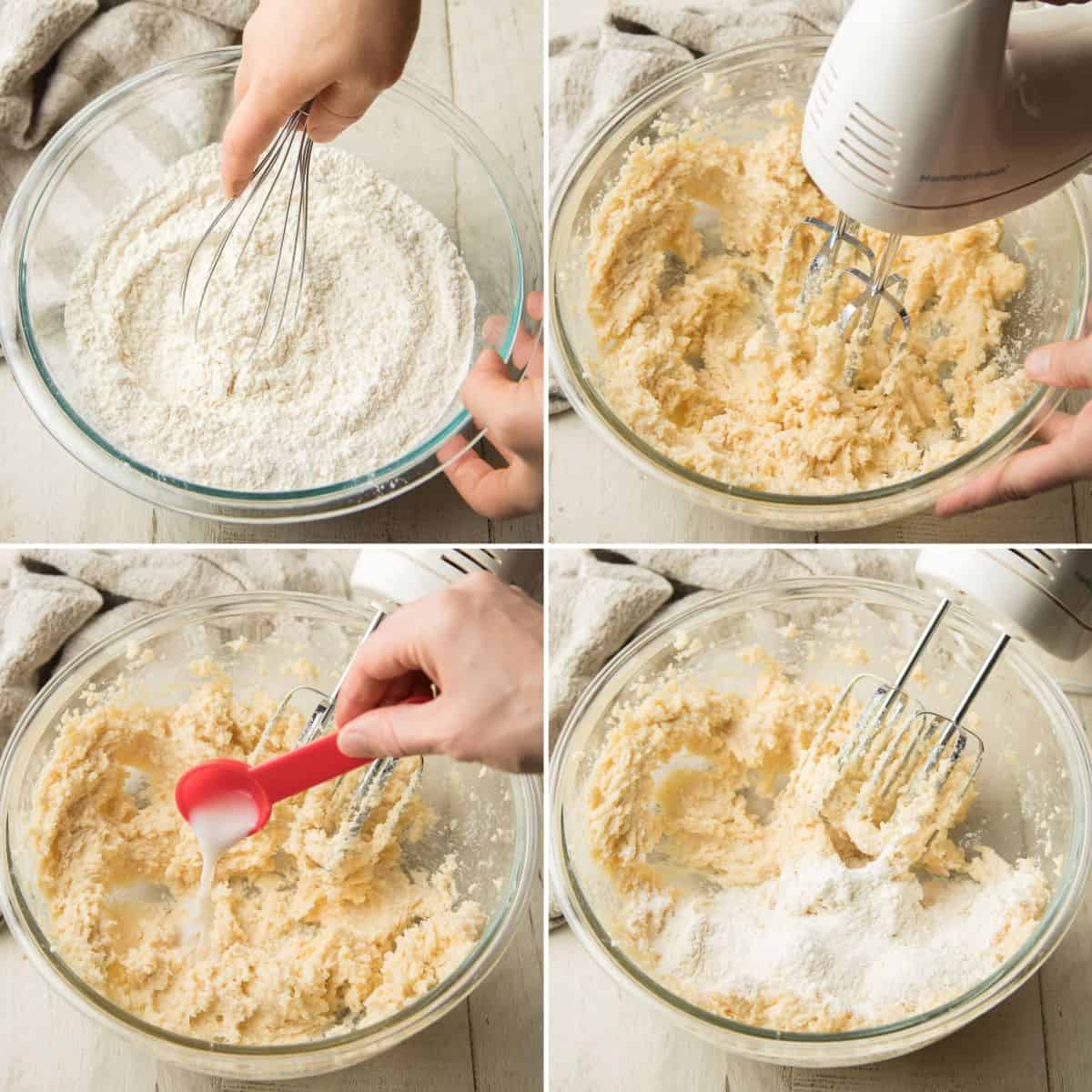 Collage Showing 4 Steps for Mixing Vegan Snickerdoodle Batter.