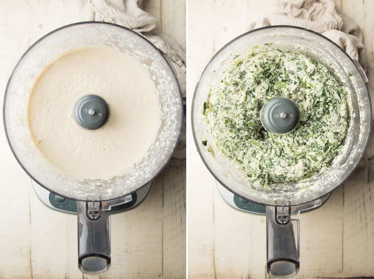 Two stages of Vegan Spanakopita filling being blended in a food processor.