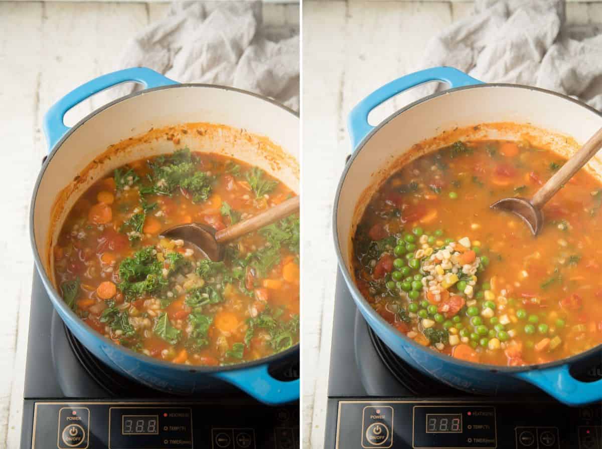 Collage Showing Final Two Stages of Vegetable Barley Soup Cooking on the stove.